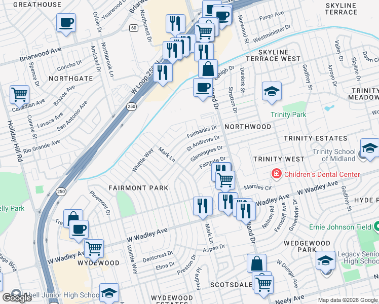 map of restaurants, bars, coffee shops, grocery stores, and more near 4507 Saint Andrews Drive in Midland