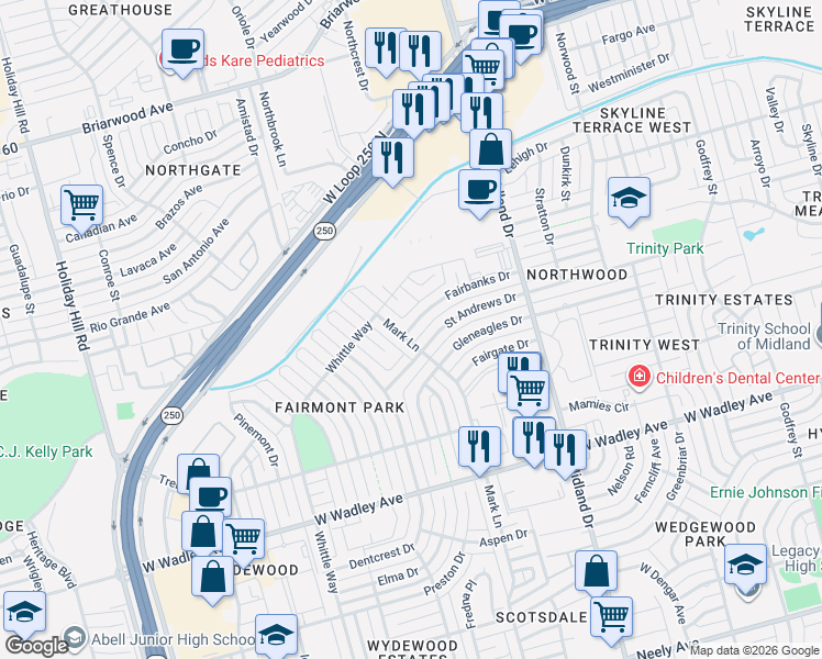 map of restaurants, bars, coffee shops, grocery stores, and more near in Midland