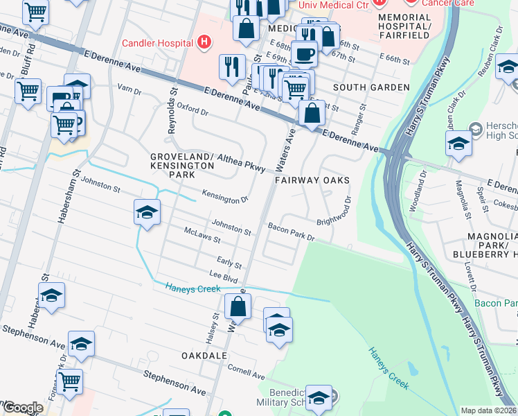 map of restaurants, bars, coffee shops, grocery stores, and more near 339 Kensington Drive in Savannah