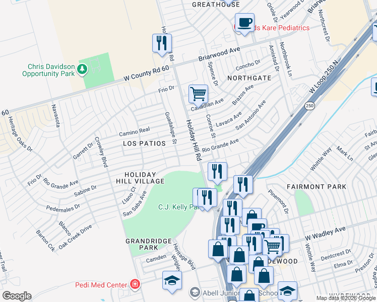 map of restaurants, bars, coffee shops, grocery stores, and more near 5408 La Jolla Cove in Midland