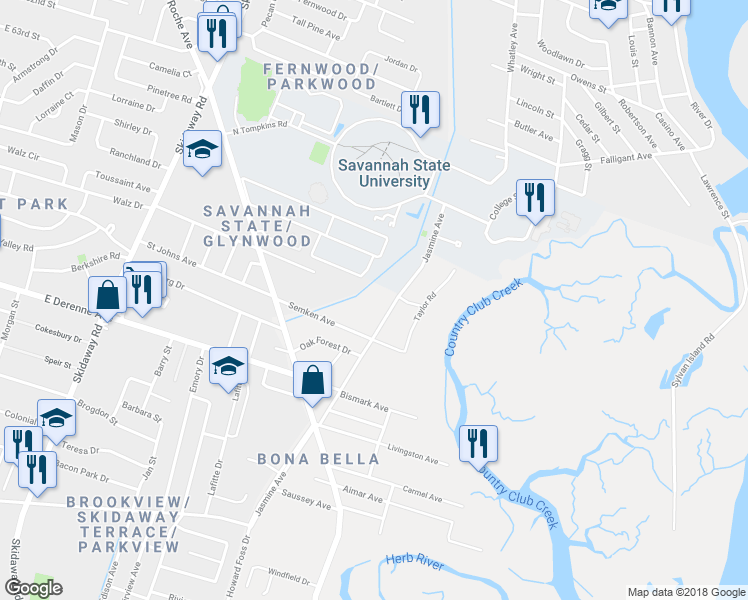 map of restaurants, bars, coffee shops, grocery stores, and more near 5005 Jasmine Avenue in Savannah