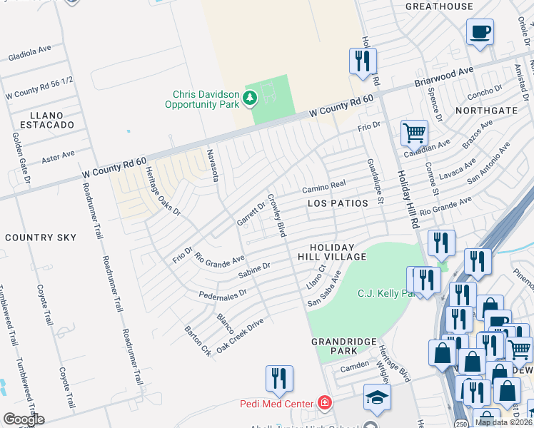 map of restaurants, bars, coffee shops, grocery stores, and more near Crowley Boulevard in Midland
