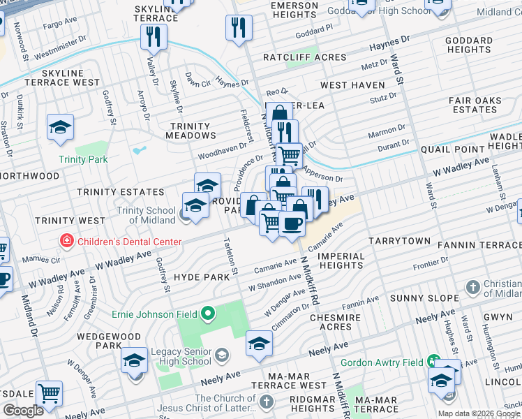 map of restaurants, bars, coffee shops, grocery stores, and more near 3327 Maxwell Drive in Midland