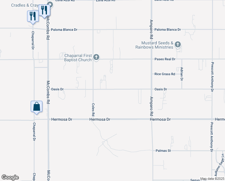 map of restaurants, bars, coffee shops, grocery stores, and more near 400-498 Oasis Dr in Chaparral