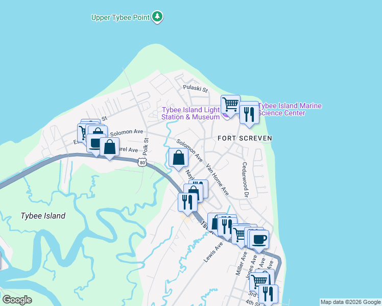 map of restaurants, bars, coffee shops, grocery stores, and more near 61 Solomon Avenue in Tybee Island