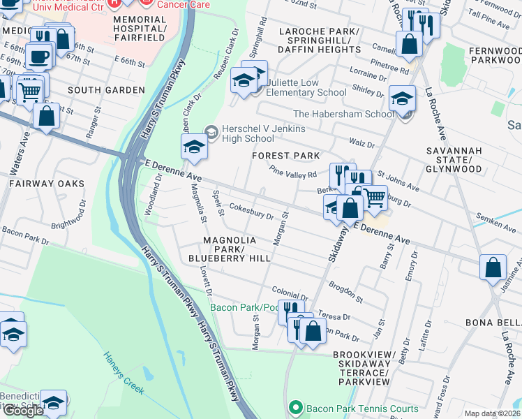 map of restaurants, bars, coffee shops, grocery stores, and more near 1847 East DeRenne Avenue in Savannah