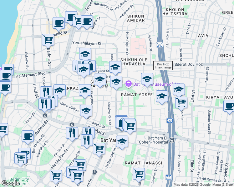 map of restaurants, bars, coffee shops, grocery stores, and more near 41 Berl Katzenelson Street in Bat Yam