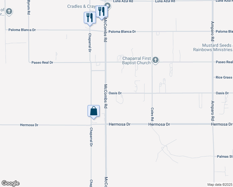 map of restaurants, bars, coffee shops, grocery stores, and more near 310-398 Oasis Dr in Chaparral