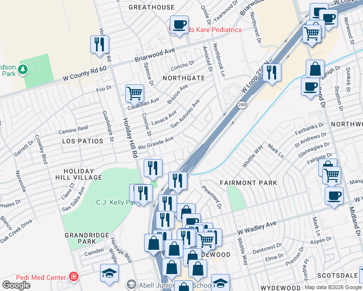 map of restaurants, bars, coffee shops, grocery stores, and more near 4017 Livingston Street in Midland