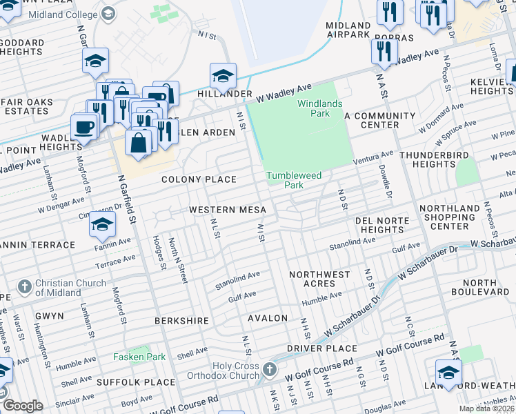 map of restaurants, bars, coffee shops, grocery stores, and more near 1502 West Pine Avenue in Midland