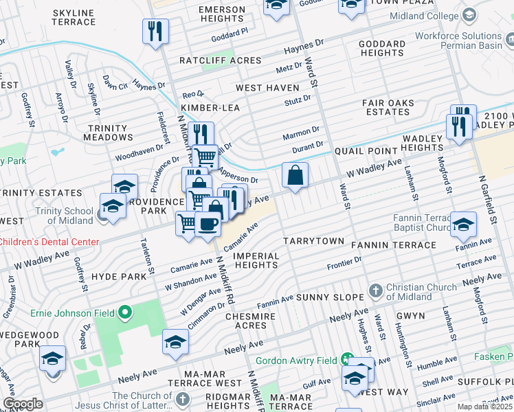 map of restaurants, bars, coffee shops, grocery stores, and more near 3205 West Wadley Avenue in Midland