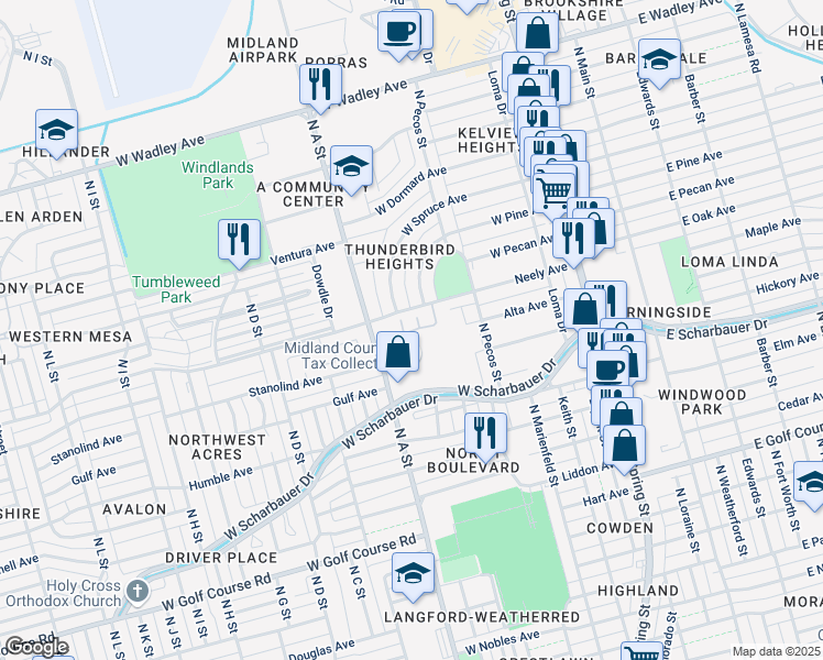 map of restaurants, bars, coffee shops, grocery stores, and more near 816 West Spruce Avenue in Midland