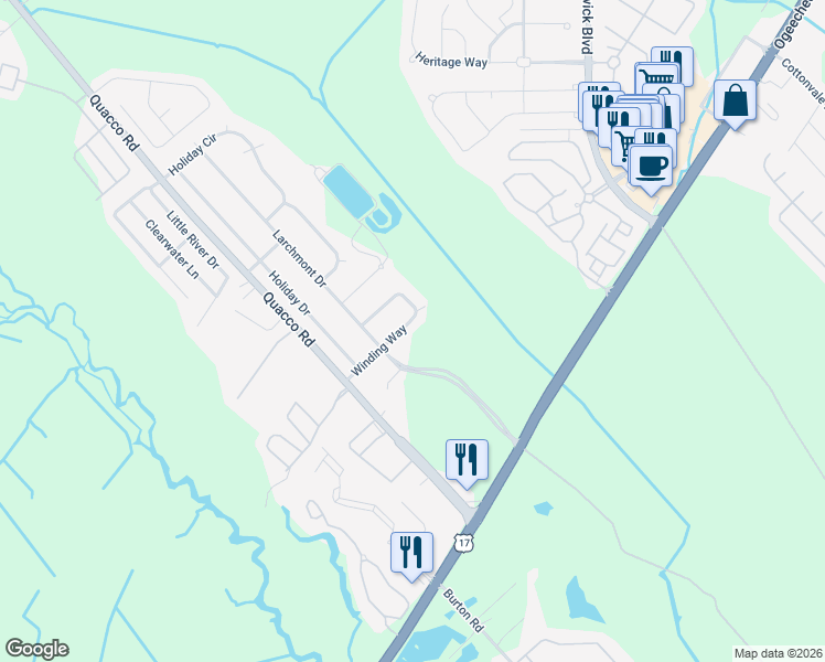 map of restaurants, bars, coffee shops, grocery stores, and more near 108 Winding Way in Savannah
