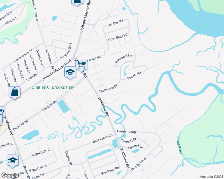 map of restaurants, bars, coffee shops, grocery stores, and more near 5 Teakwood Drive in Savannah