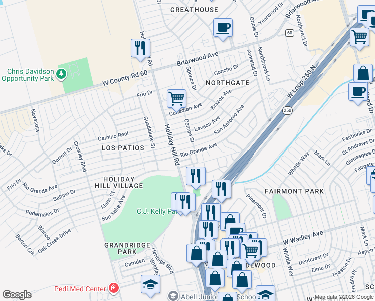 map of restaurants, bars, coffee shops, grocery stores, and more near 5300 Rio Grande Avenue in Midland