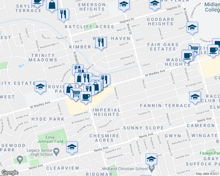 map of restaurants, bars, coffee shops, grocery stores, and more near 3205 West Wadley Avenue in Midland