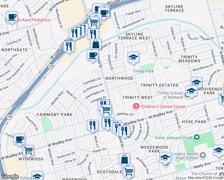 map of restaurants, bars, coffee shops, grocery stores, and more near 3600 Midland Drive in Midland