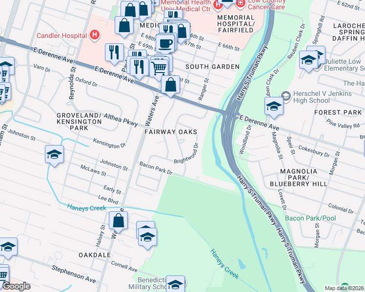 map of restaurants, bars, coffee shops, grocery stores, and more near 111 Harlan Drive in Savannah