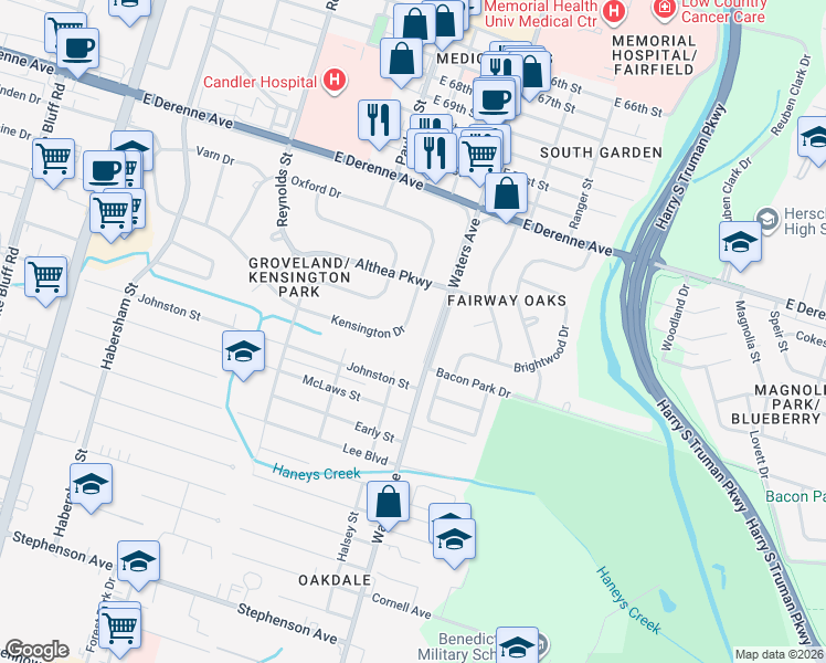 map of restaurants, bars, coffee shops, grocery stores, and more near 339 Kensington Drive in Savannah
