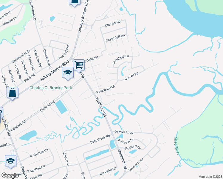 map of restaurants, bars, coffee shops, grocery stores, and more near 5 Teakwood Drive in Savannah