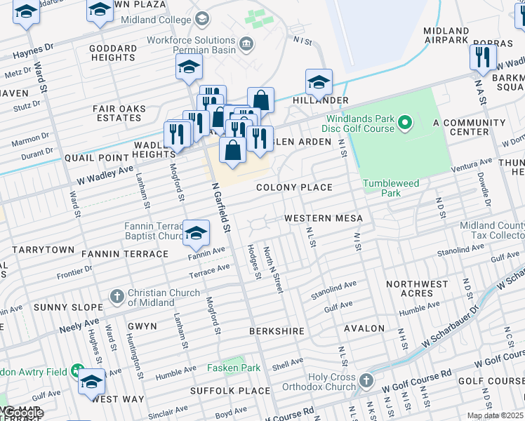 map of restaurants, bars, coffee shops, grocery stores, and more near 2755 Racquet Club Drive in Midland