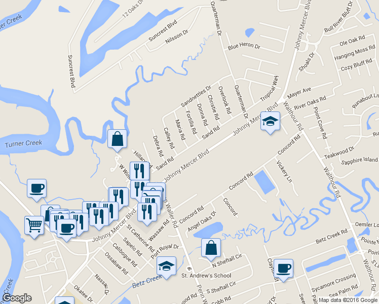 map of restaurants, bars, coffee shops, grocery stores, and more near 6811 Sand Road in Savannah