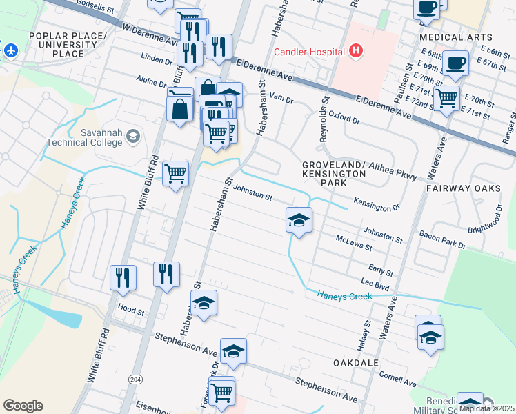 map of restaurants, bars, coffee shops, grocery stores, and more near 302 McLaws Street in Savannah