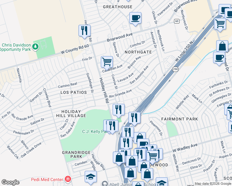 map of restaurants, bars, coffee shops, grocery stores, and more near 5300 Rio Grande Avenue in Midland