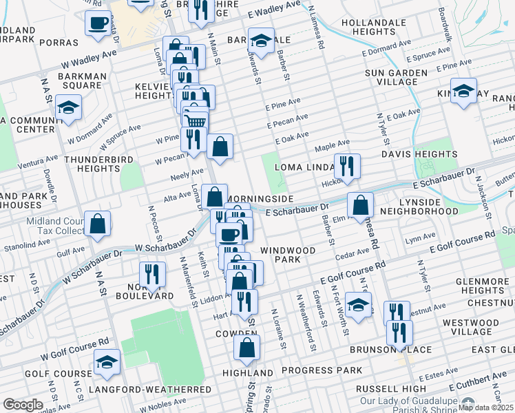 map of restaurants, bars, coffee shops, grocery stores, and more near 101 East Scharbauer Drive in Midland