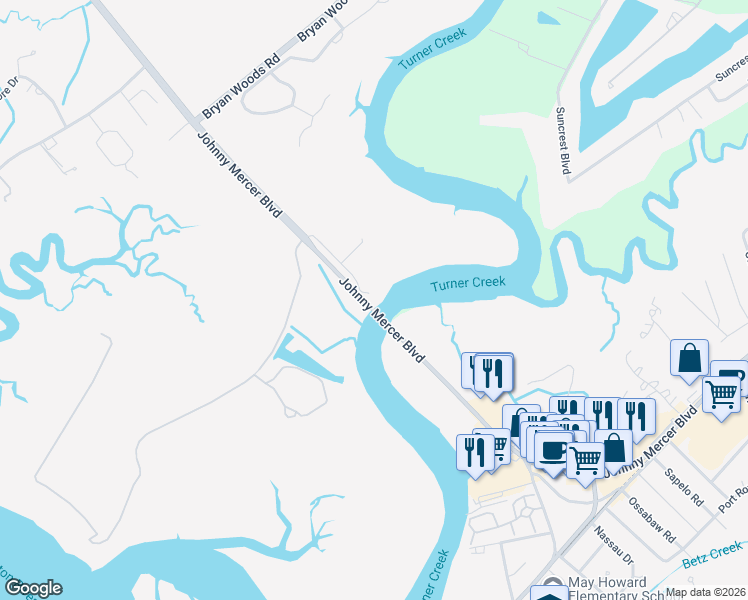 map of restaurants, bars, coffee shops, grocery stores, and more near Johnny Mercer Boulevard in Savannah