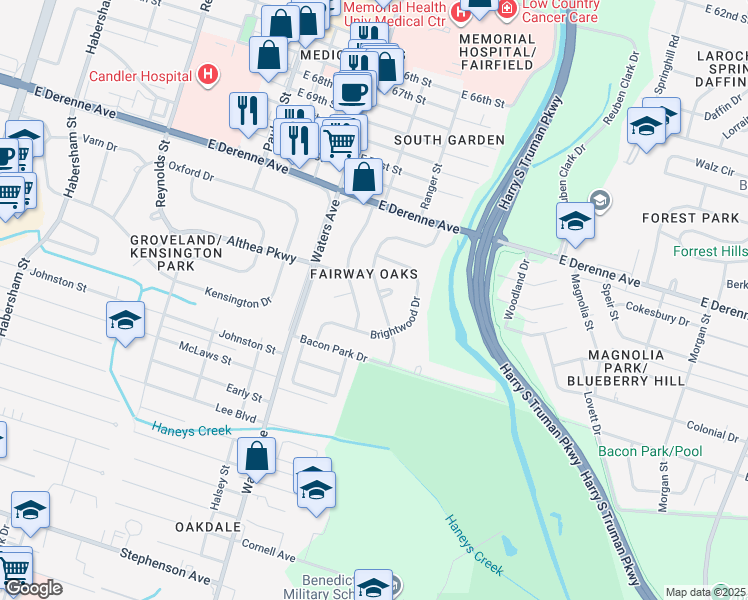 map of restaurants, bars, coffee shops, grocery stores, and more near 111 Harlan Drive in Savannah