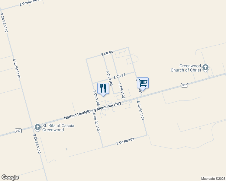 map of restaurants, bars, coffee shops, grocery stores, and more near 3212 East County Road 153 in Midland