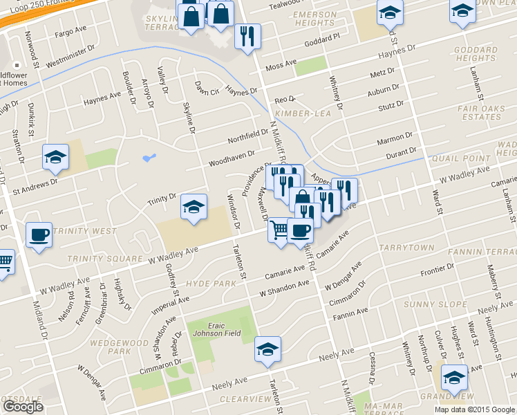 map of restaurants, bars, coffee shops, grocery stores, and more near 3326 Maxwell Drive in Midland