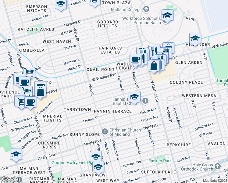map of restaurants, bars, coffee shops, grocery stores, and more near 2503 West Shandon Avenue in Midland