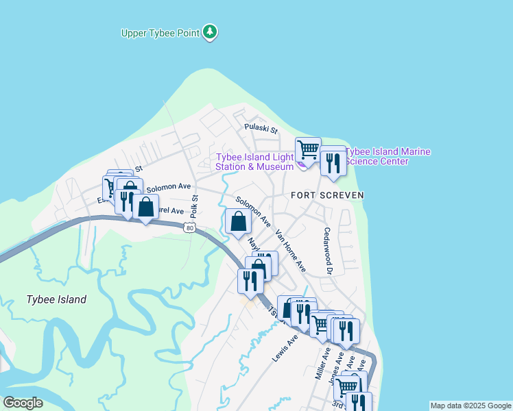 map of restaurants, bars, coffee shops, grocery stores, and more near 61 Solomon Avenue in Tybee Island