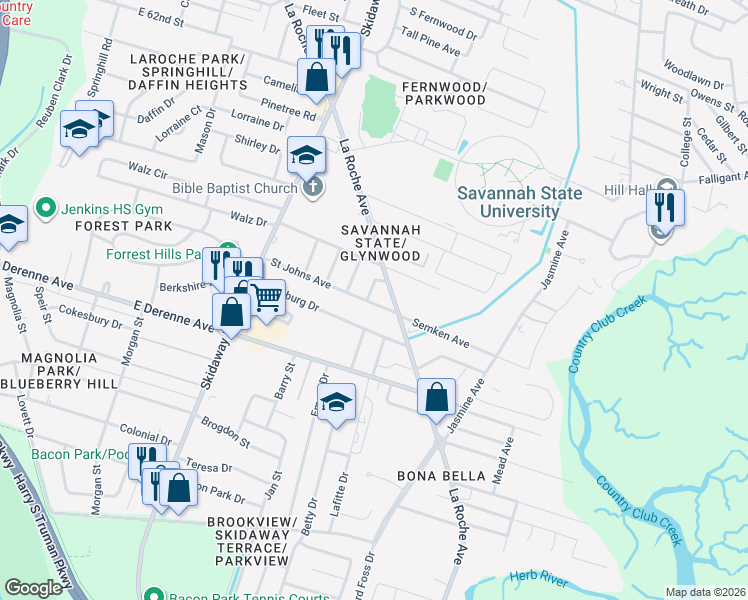 map of restaurants, bars, coffee shops, grocery stores, and more near 5014 Spartan Drive in Savannah
