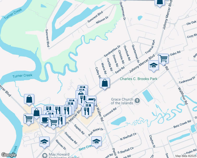 map of restaurants, bars, coffee shops, grocery stores, and more near 203 Calley Road in Savannah