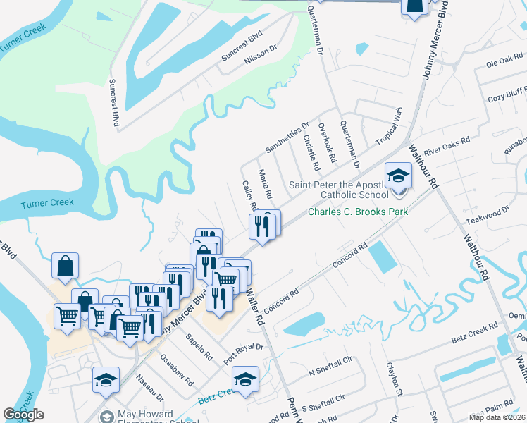 map of restaurants, bars, coffee shops, grocery stores, and more near 6811 Sand Road in Savannah