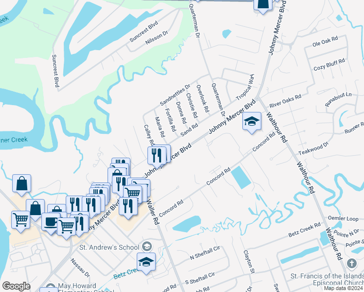 map of restaurants, bars, coffee shops, grocery stores, and more near 6816 Johnny Mercer Boulevard in Savannah