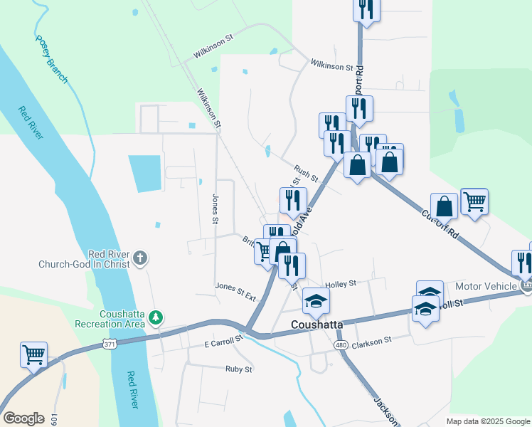 map of restaurants, bars, coffee shops, grocery stores, and more near 601 Savior Street in Coushatta