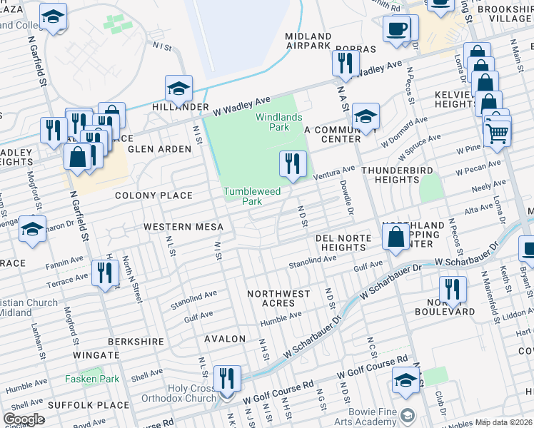 map of restaurants, bars, coffee shops, grocery stores, and more near 1406 West Pecan Avenue in Midland