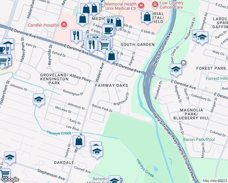map of restaurants, bars, coffee shops, grocery stores, and more near 111 Harlan Drive in Savannah