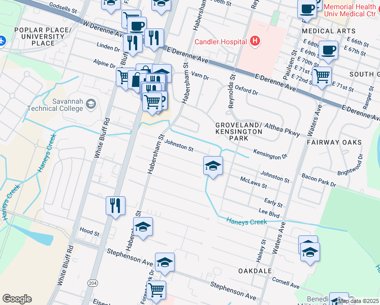 map of restaurants, bars, coffee shops, grocery stores, and more near 302 McLaws Street in Savannah