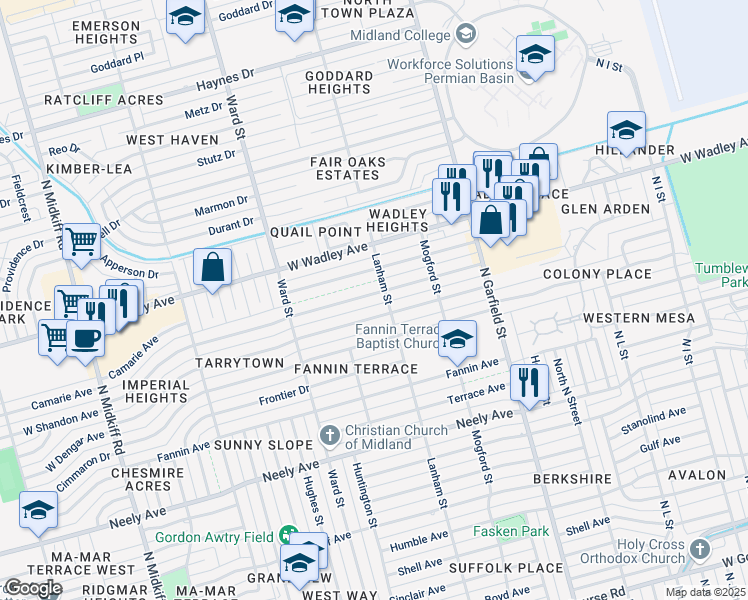 map of restaurants, bars, coffee shops, grocery stores, and more near 2503 West Shandon Avenue in Midland