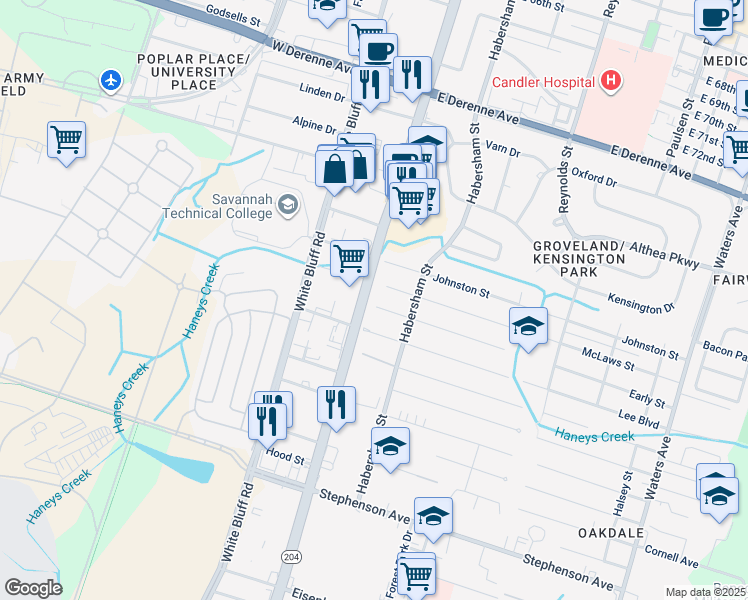 map of restaurants, bars, coffee shops, grocery stores, and more near 100 Early Street in Savannah