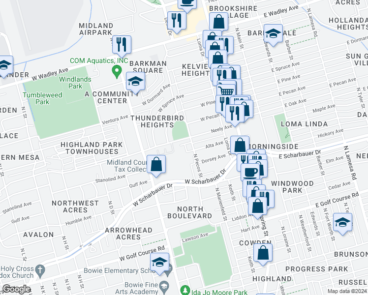 map of restaurants, bars, coffee shops, grocery stores, and more near 2301 North Pecos Street in Midland