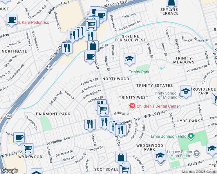 map of restaurants, bars, coffee shops, grocery stores, and more near 4310 Gleneagles Drive in Midland