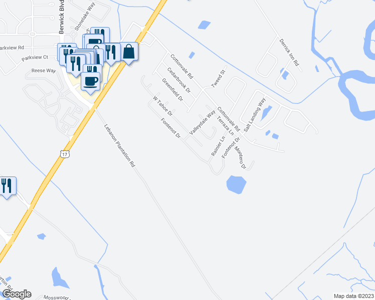map of restaurants, bars, coffee shops, grocery stores, and more near 168 Fontenot Drive in Savannah