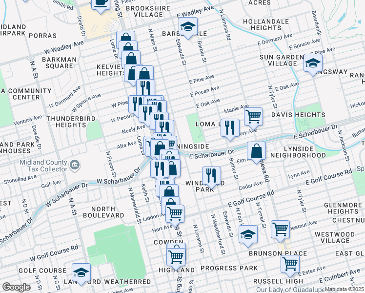 map of restaurants, bars, coffee shops, grocery stores, and more near 101-299 East Scharbauer Drive in Midland