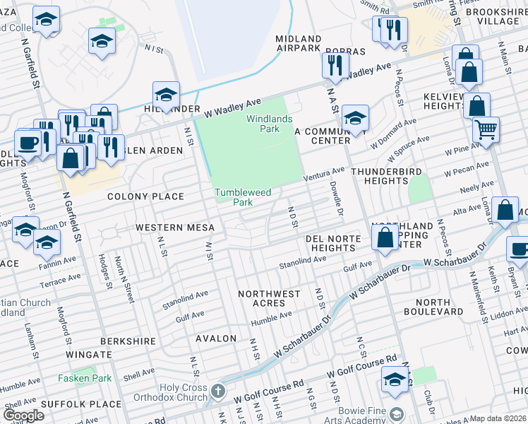 map of restaurants, bars, coffee shops, grocery stores, and more near 1406 West Pecan Avenue in Midland
